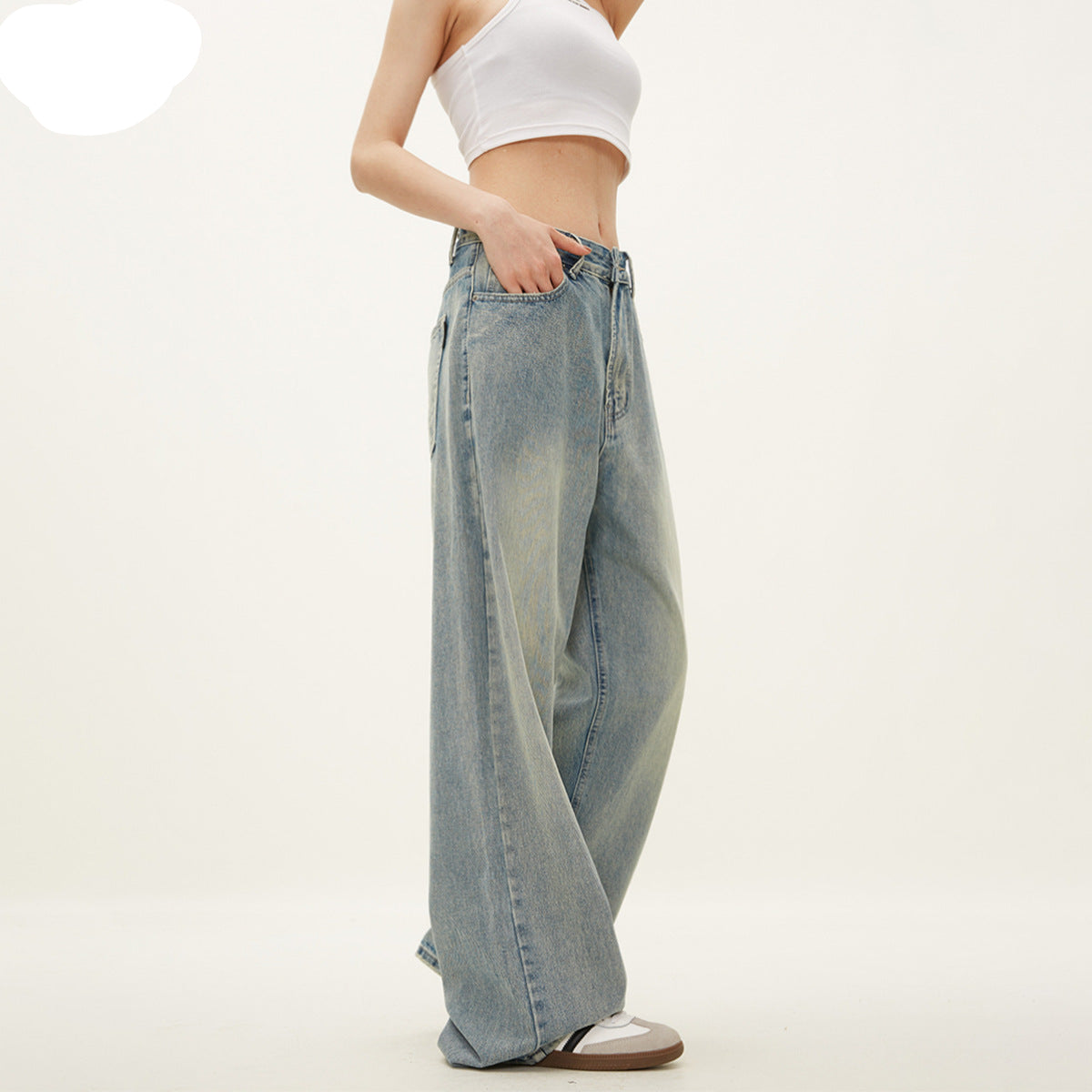 Blue Straight Jeans - Unisex - Vintage Washed Loose Fit Wide Leg Trousers