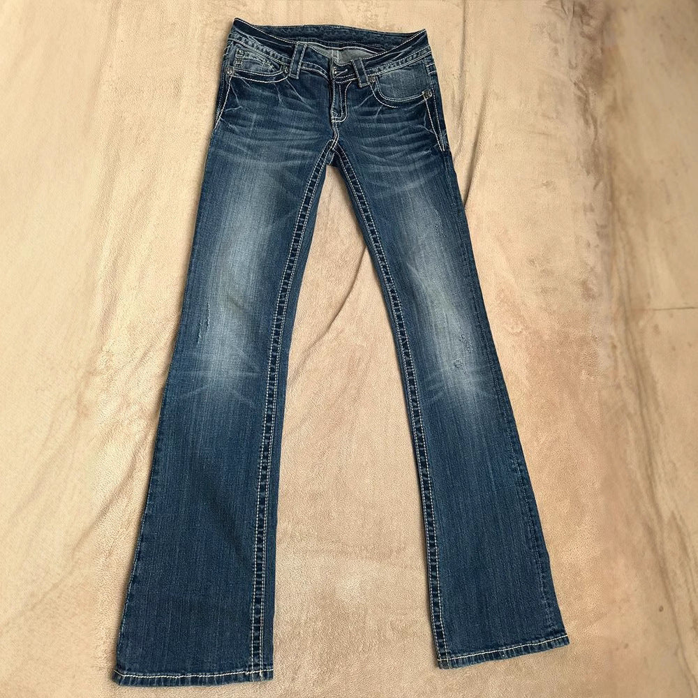 Millennial Spicy Girl Denim Pants with Cross Embroidery Casual Low Waist Slimming Long Trousers