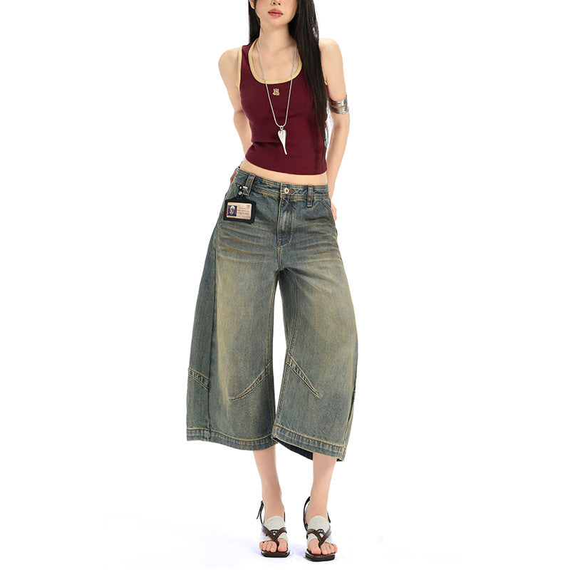 Deconstructed Knife-Edge Denim Shorts - Distressed Wide-Leg Casual Pants