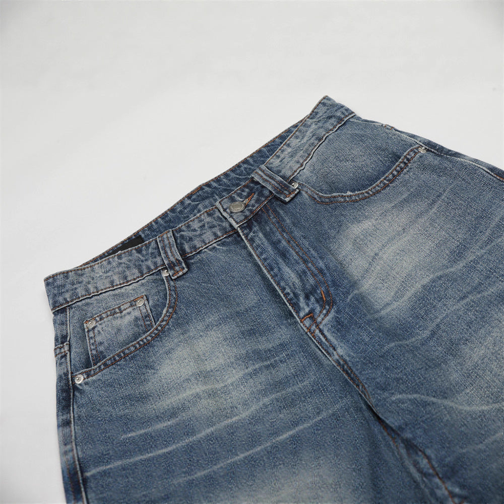 Men's Jeans, Distressed Catwhisker Slash Cut, Loose Fit, Wide Leg