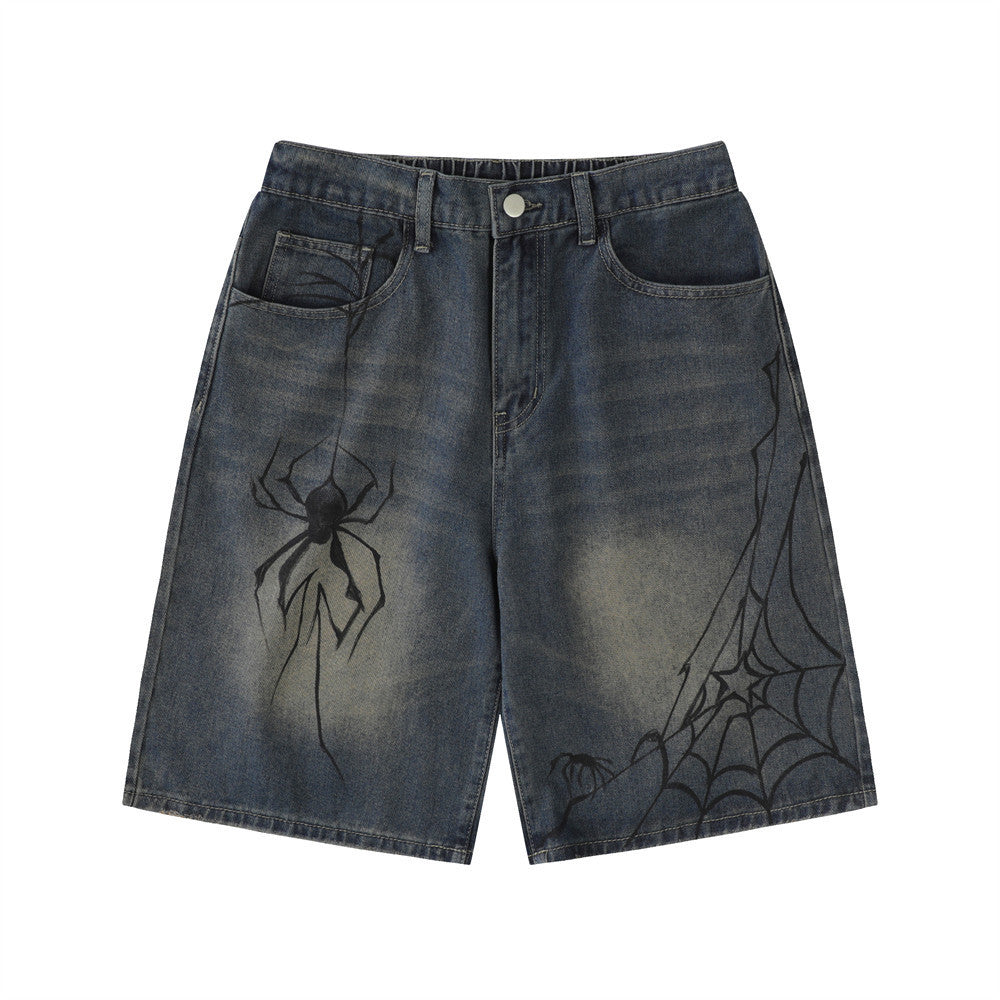 Men's Spider Print Denim Shorts in Casual Loose Fit