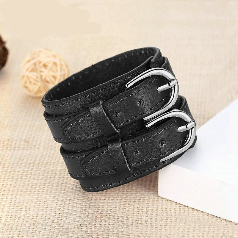 Double Belt Leather Wrist Big Wide Bracelet Buckle Vintage Punk
