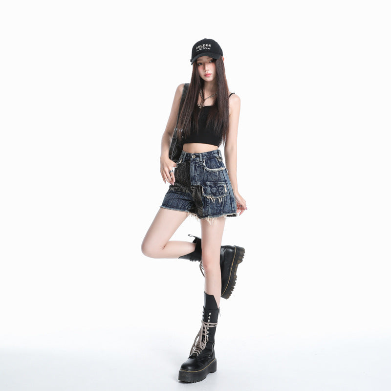 Women's Lightweight Denim Summer Shorts - Petite A-Line Color Blocked Loose Wide-Leg Hot Pants