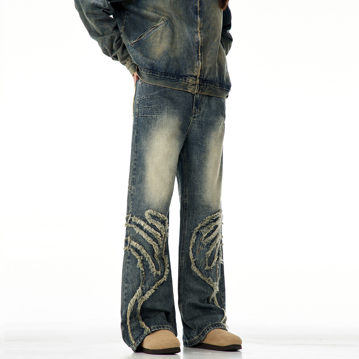 Faded Denim Pants Vintage Blue - High Street Design Distressed Casual Slim Fit