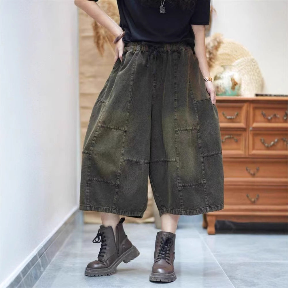 Vintage Washed Slimming Denim Trousers for Women - Loose Fit Straight Leg Three-Quarter Pants