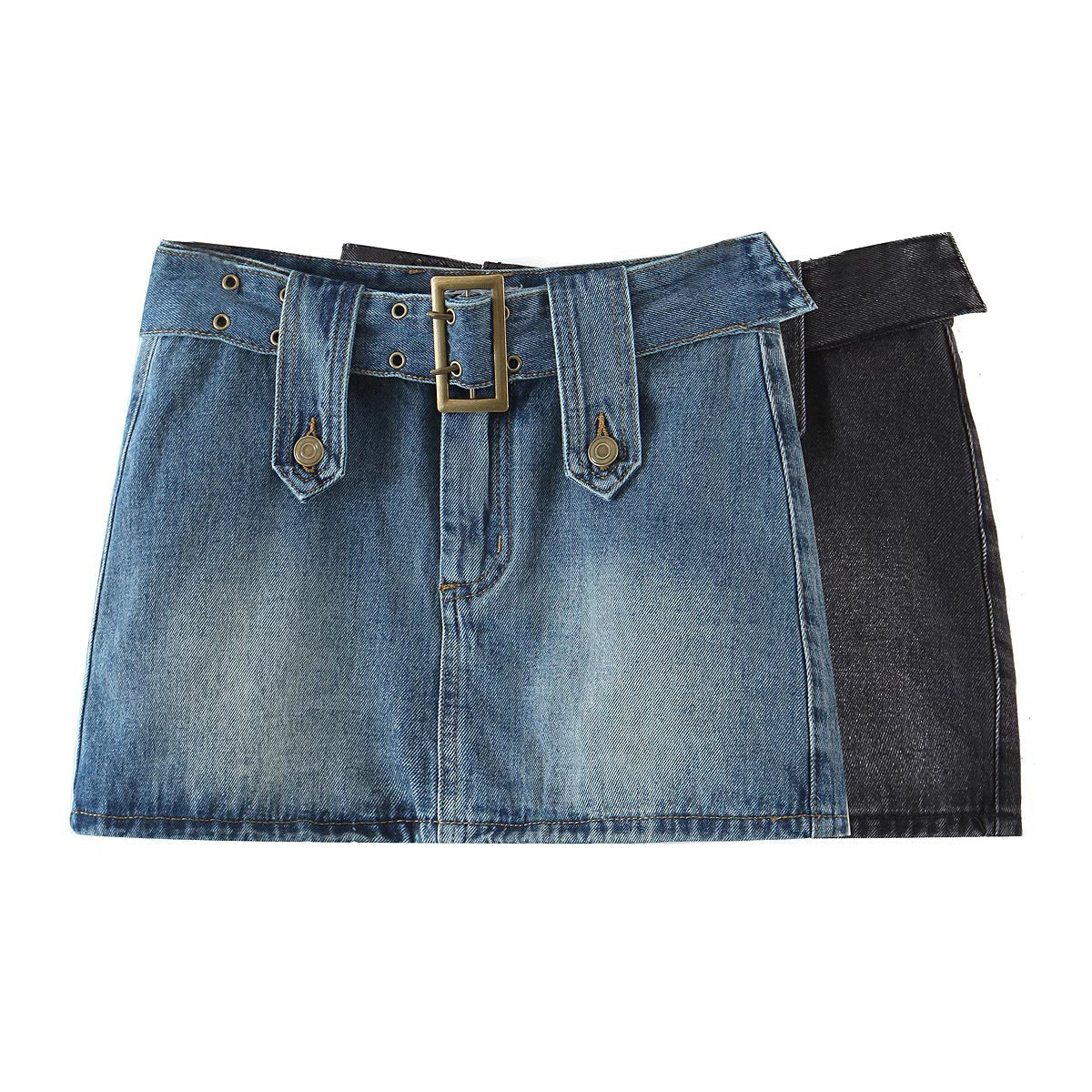 Summer New Fashion Retro Style Belt Old Washed Denim Skirt for Women