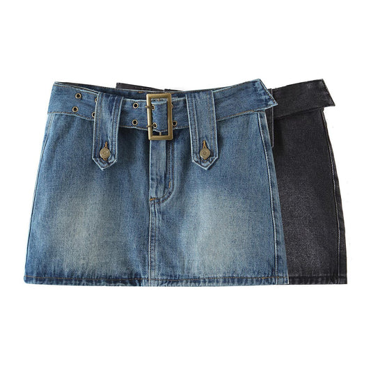 Summer New Fashion Retro Style Belt Old Washed Denim Skirt for Women