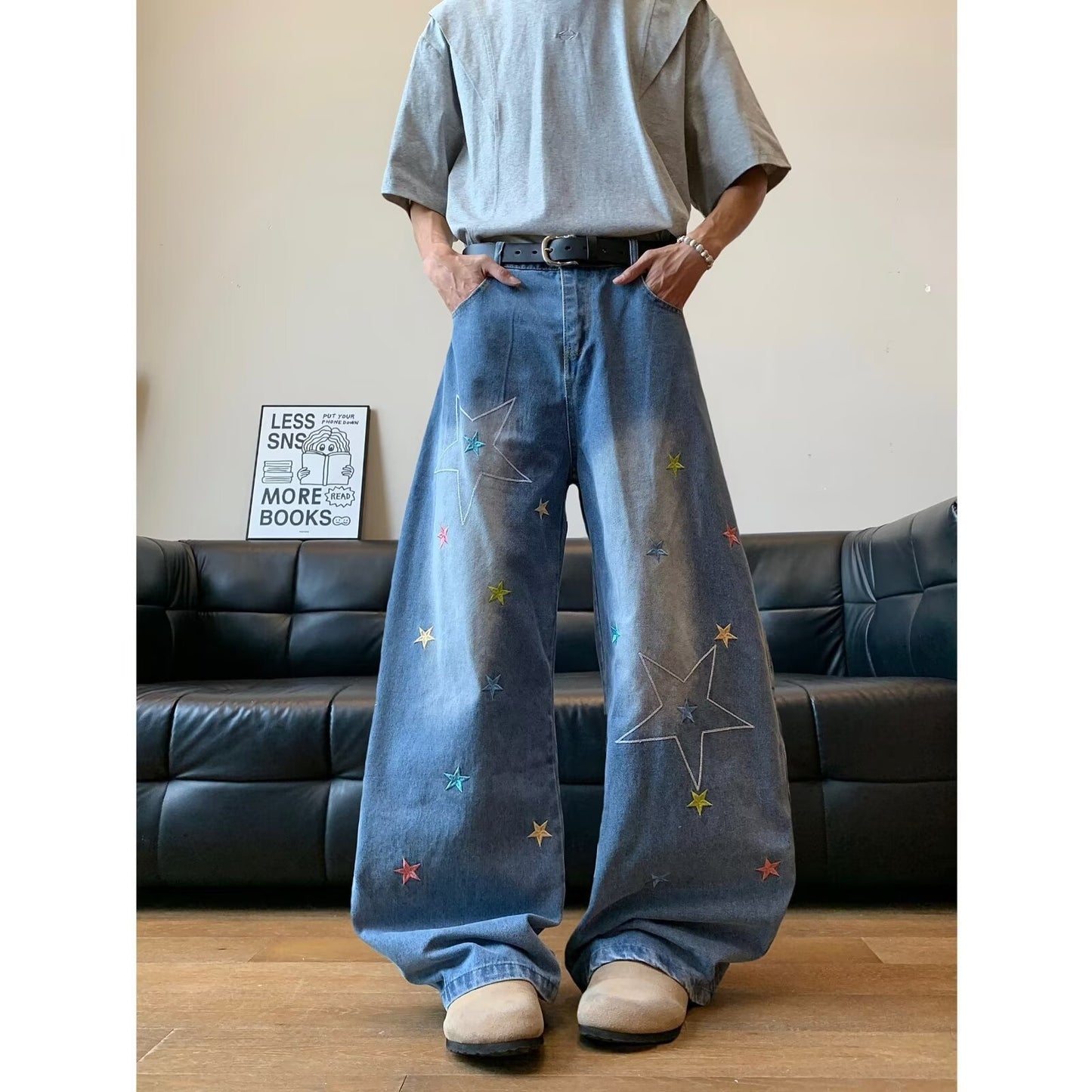 Retro Star Embroidered Curved Knife Jeans for Men