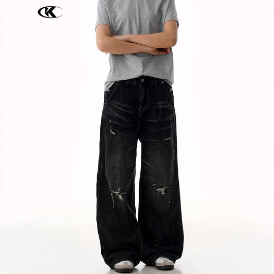 Washed Loose Fit Dark Destroyed Straight Leg Wide Leg Casual Long Pants