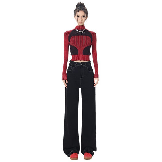 Women's Black Retro Wide Leg Jeans - Trendy Loose Floor-Length Pants