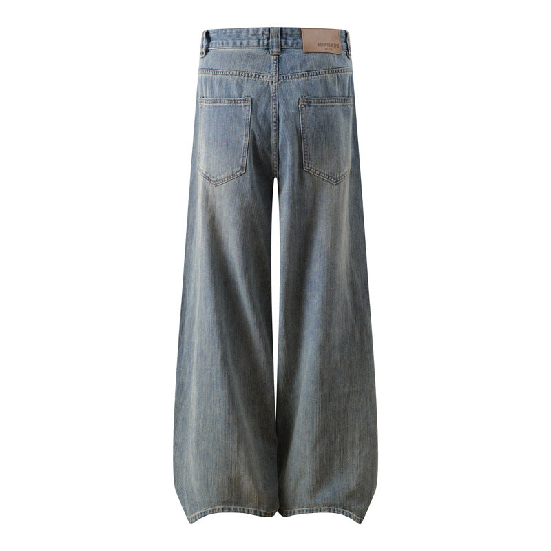 Hand-Brushed Denim Wide-Leg Jeans for Men - Casual Relaxed Fit Pants