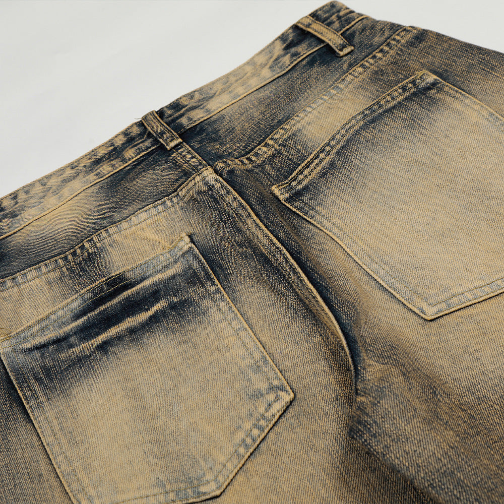 Color Blocked White Yellow Mud Dyed Denim Curved Knife Pants