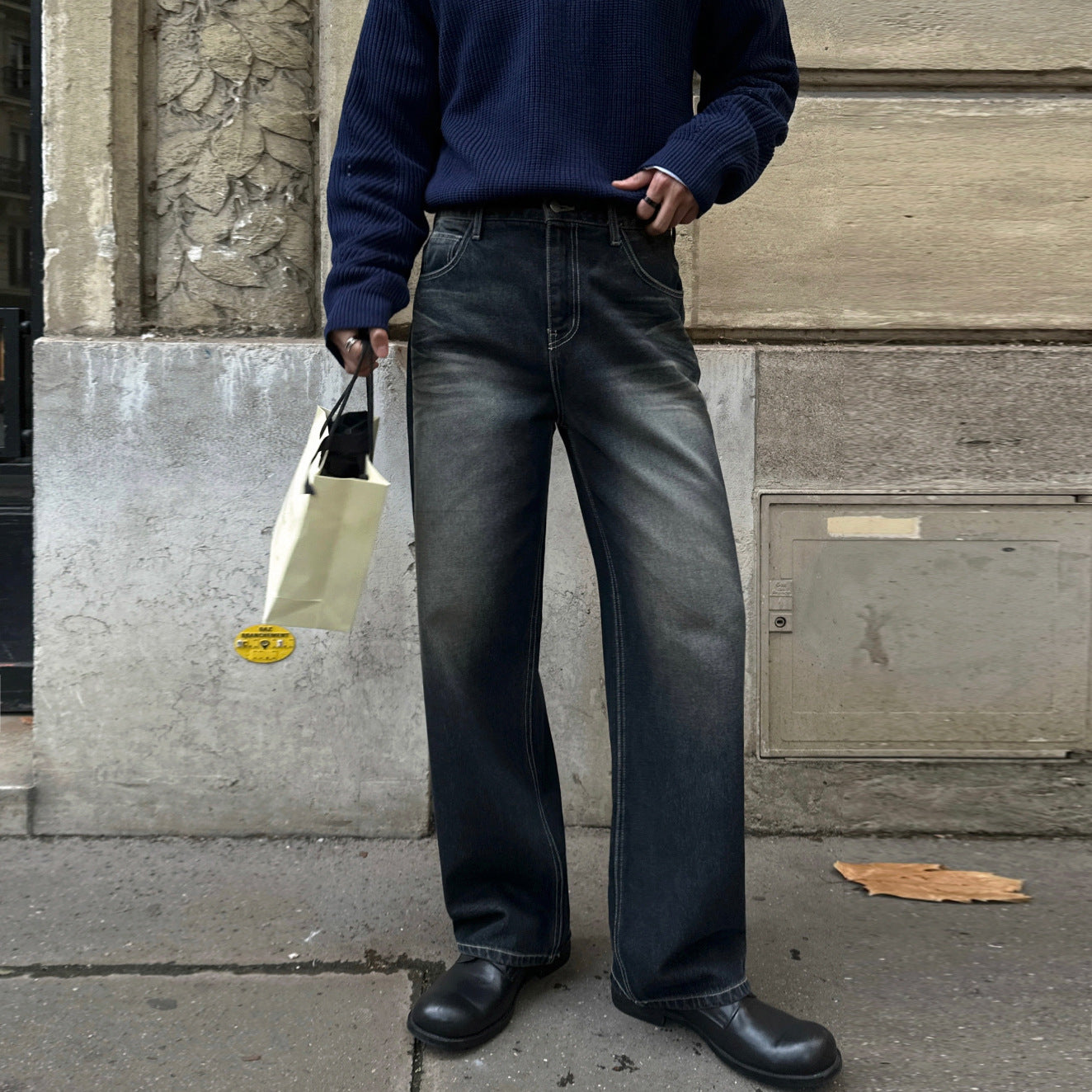 Vintage Distressed Straight Leg Jeans for Men - Loose Thick Long Pants