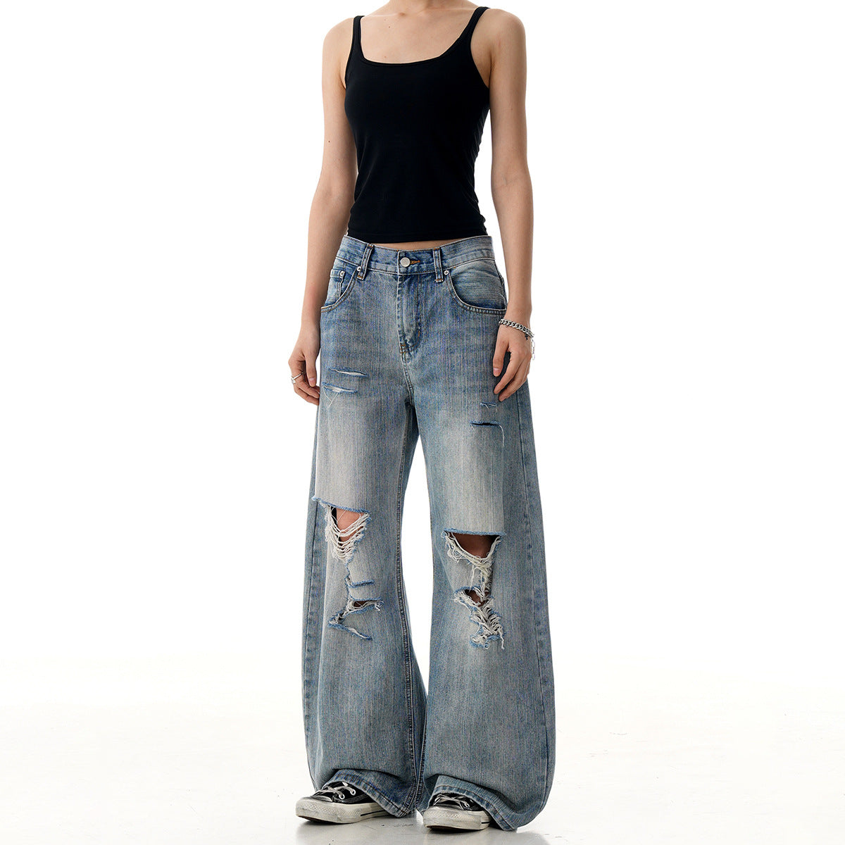 Vintage Ripped Denim Straight Leg Casual Knife Pants