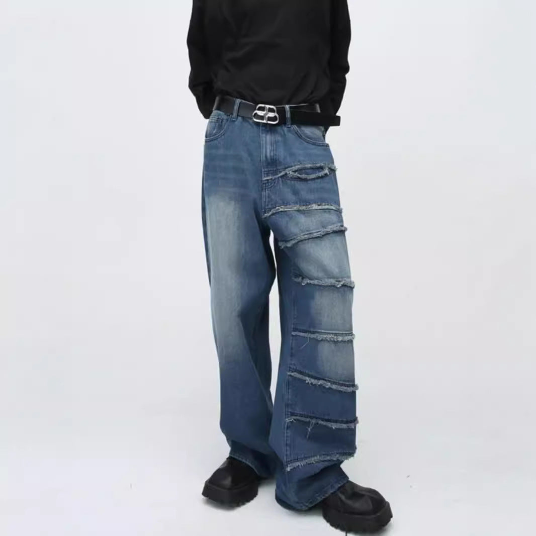 American Retro Style Patchwork Jeans - Unisex Wide Leg Pants