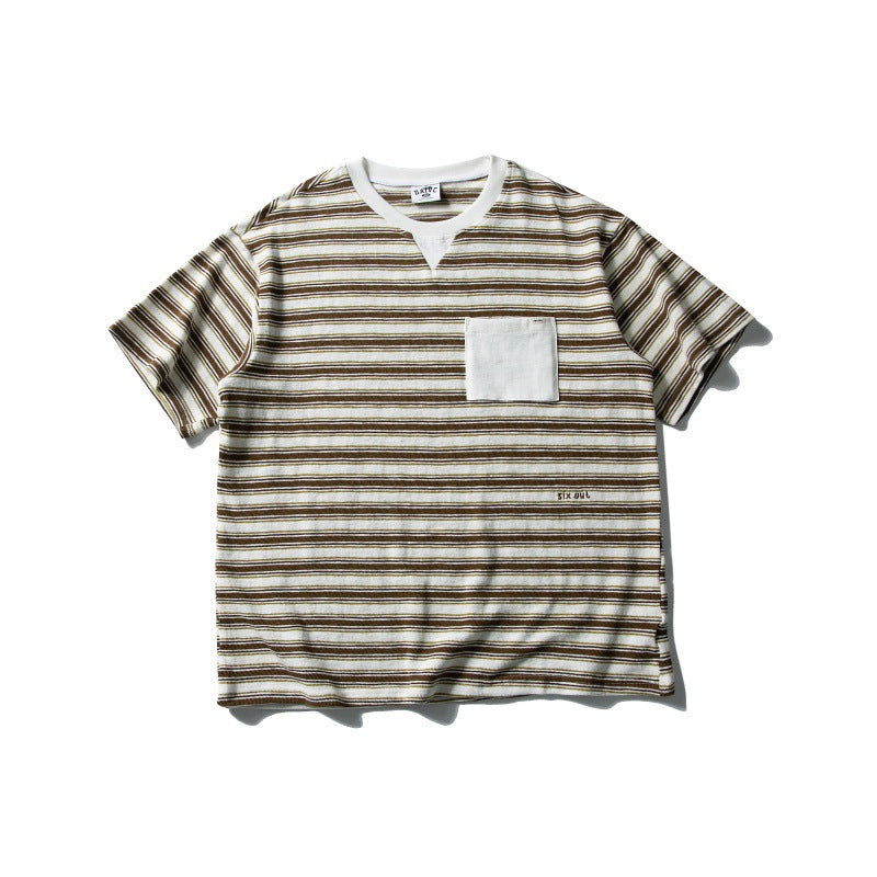 Contrasting Color Loose Fitting Striped Short Sleeved T-Shirt