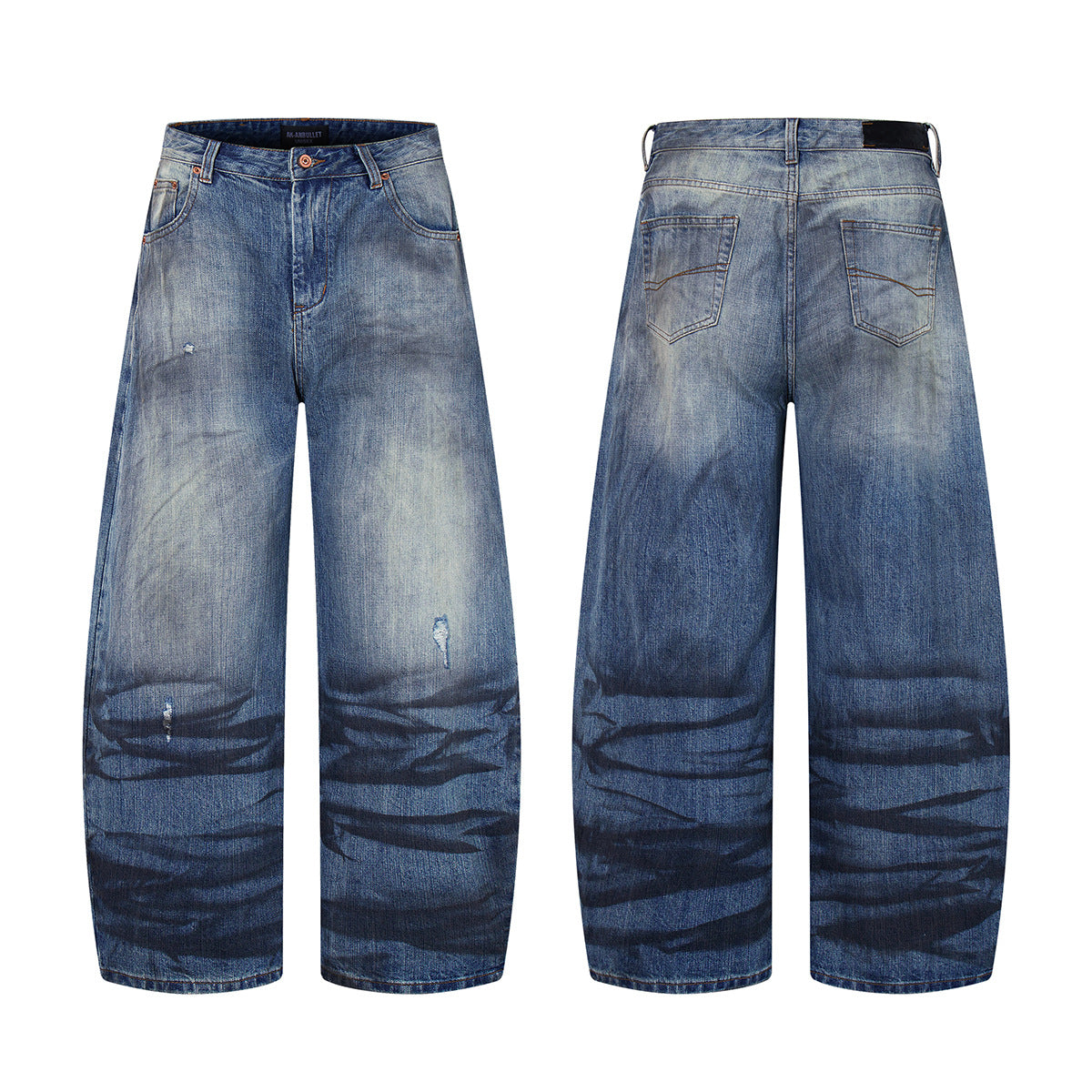 Wash Dirty Dyed Denim Curved Knife Wide Leg Pants