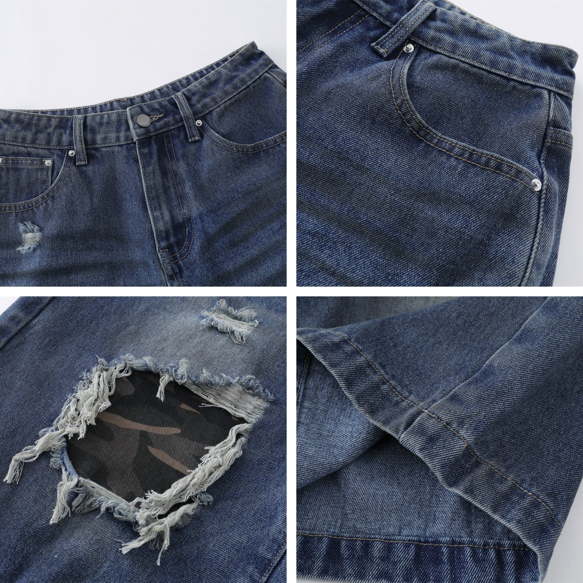 Men's Distressed Ripped Camo Denim Pants