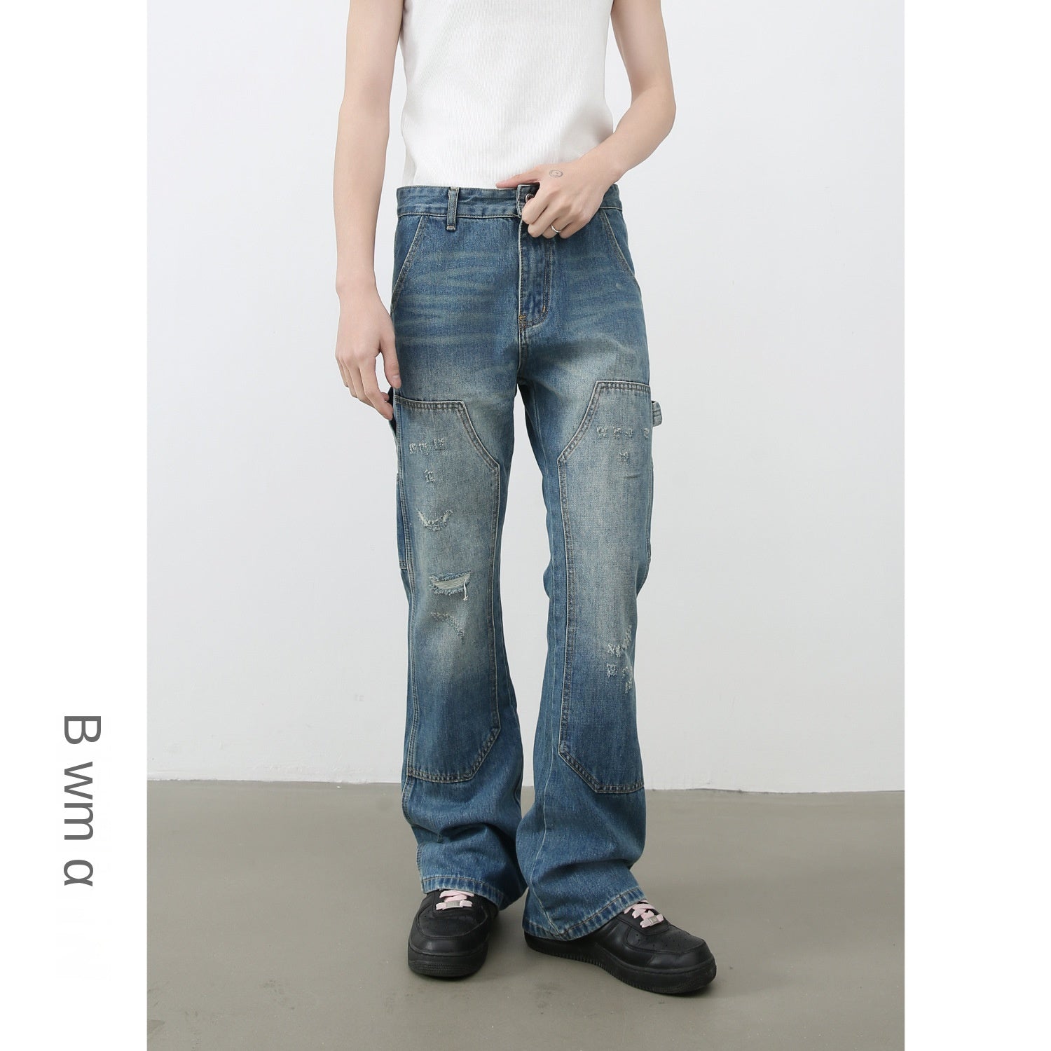 American Vintage Lumberjack Denim Trousers for Men | Water-Washed Distressed Loose Straight Leg Pants