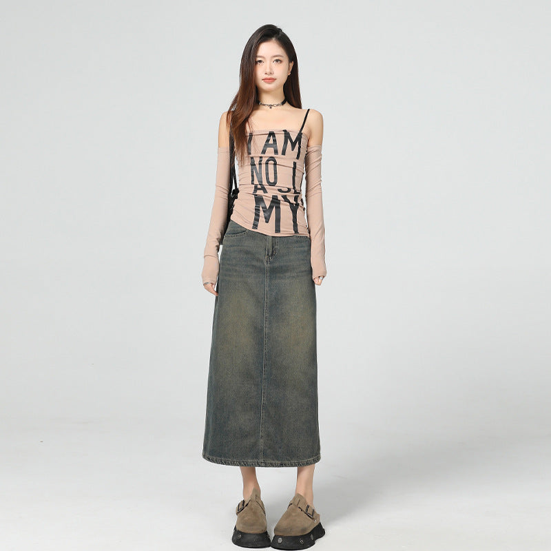 Women's Vintage Blue Slimming Denim Skirt with Slit Design
