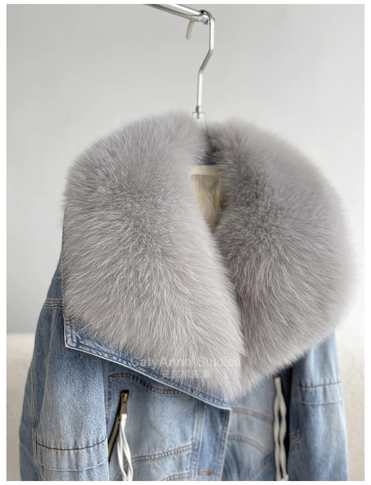 Women's Casual Denim Jacket with Fox Fur Collar