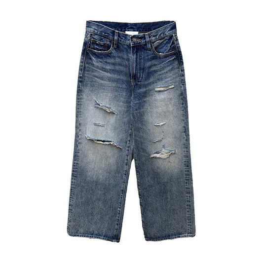 Retro Distressed Wide Leg Denim Pants for Women