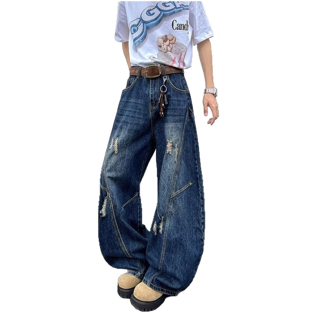 Deep Blue Wide Leg Ripped Denim Micro Flared Knife Pants