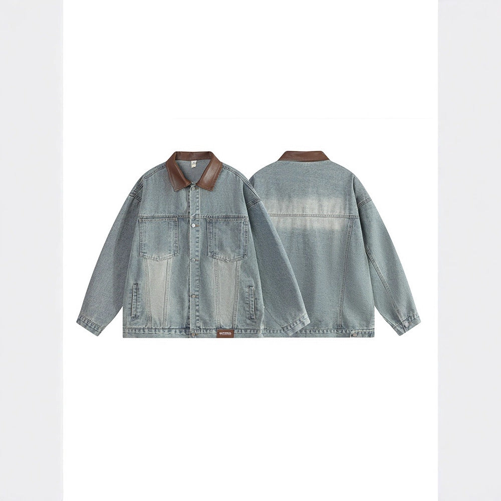 Vintage Leather Collar Denim Jacket Loose Workwear Jacket