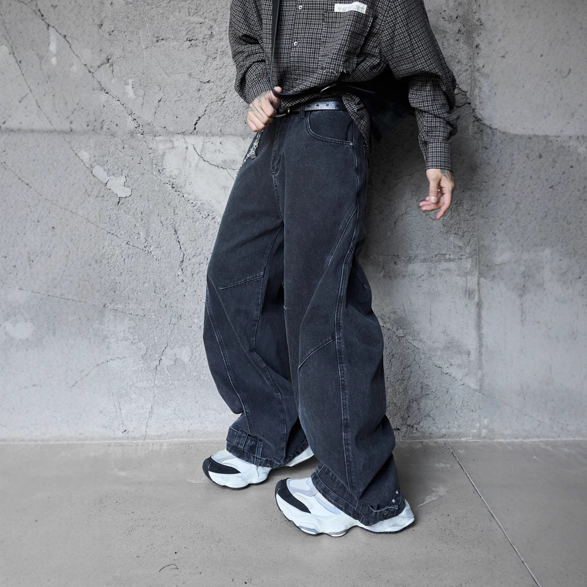 Retro Washed Deconstructed Knife-Edge Denim Pants - Unisex Black Wide Leg Pants