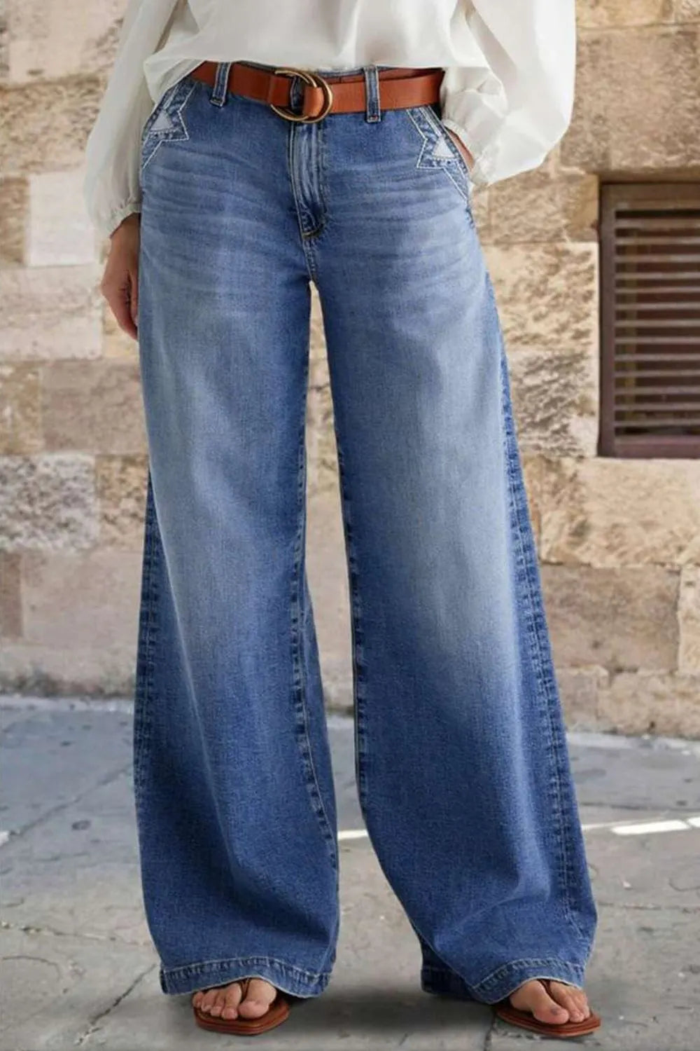 Pocketed Embroidered Straight Leg Jeans