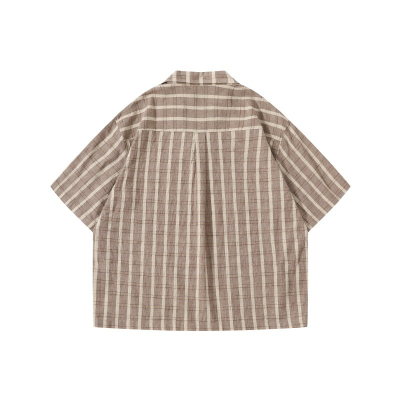 Color Blocked Checkered Cuban Collar Patch Pocket Loose Short Sleeved Shirt for Men