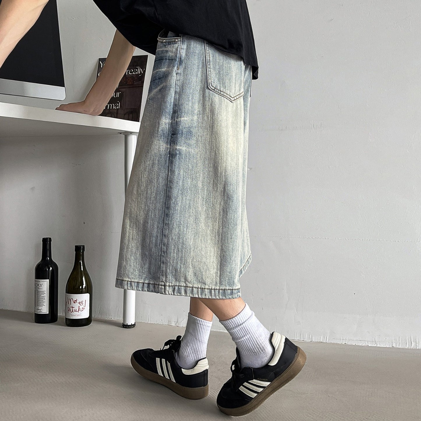 Retro Wide Leg Seven Quarter Denim Loose Casual Straight Leg Pants