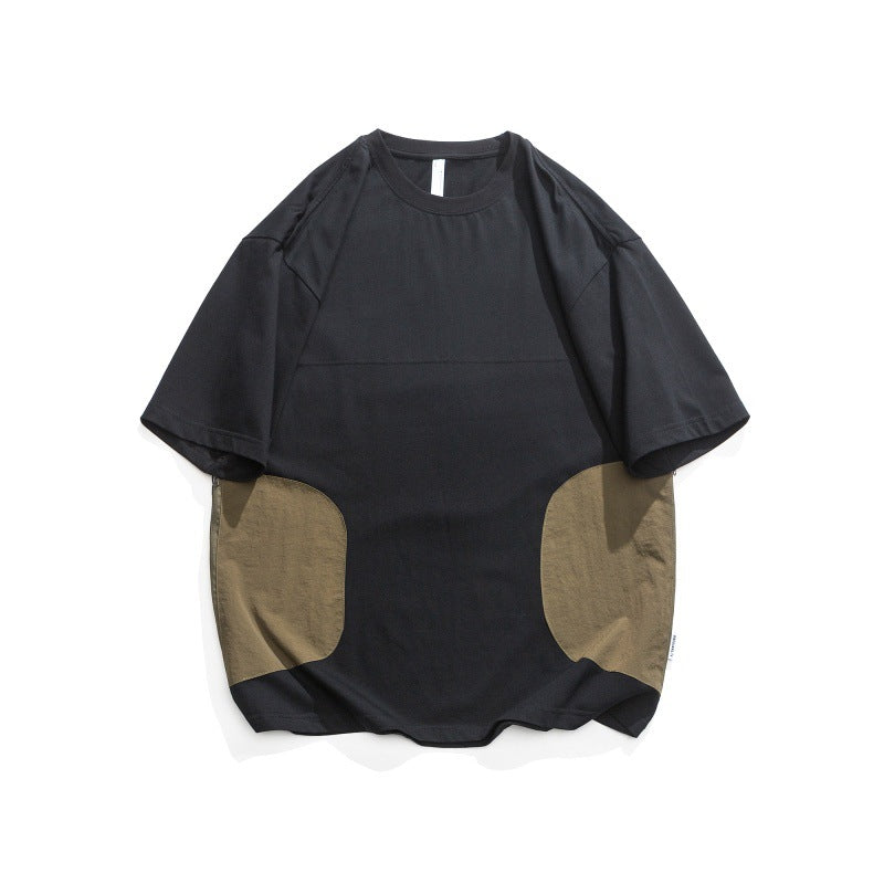 Splicing Contrasting Round Neck Loose Short Sleeved T-Shirt for Men