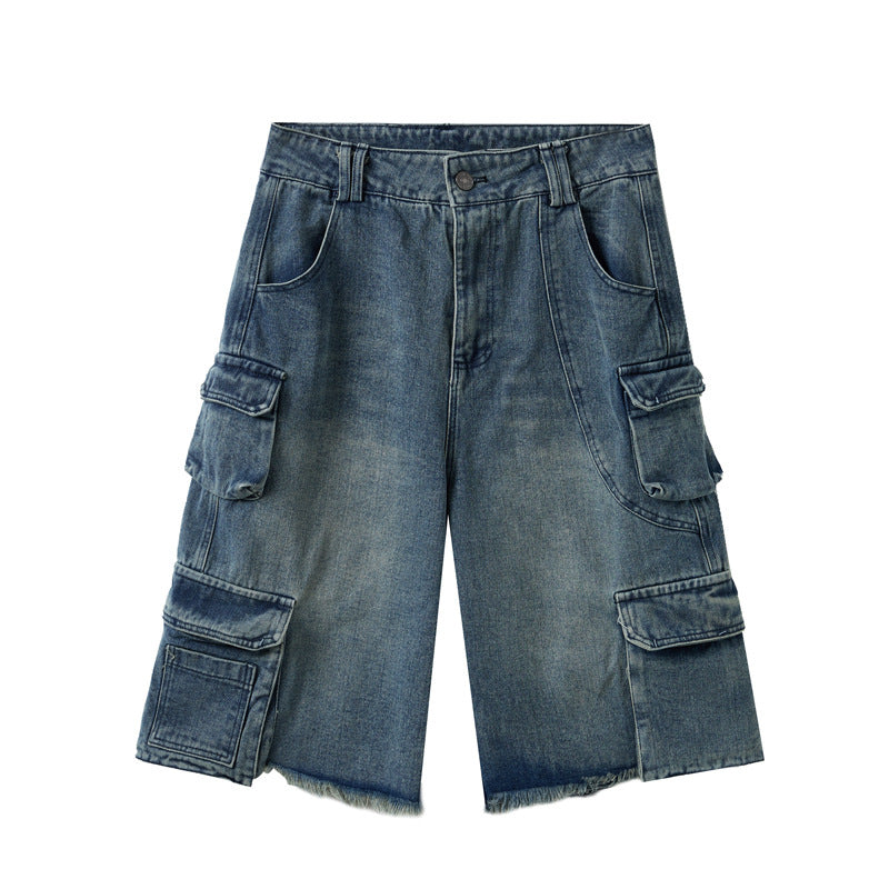 Retro Washed Five-Quarter Casual Shorts Denim Pants - Unisex Multi-Pocket Loose Wide-Leg Pants