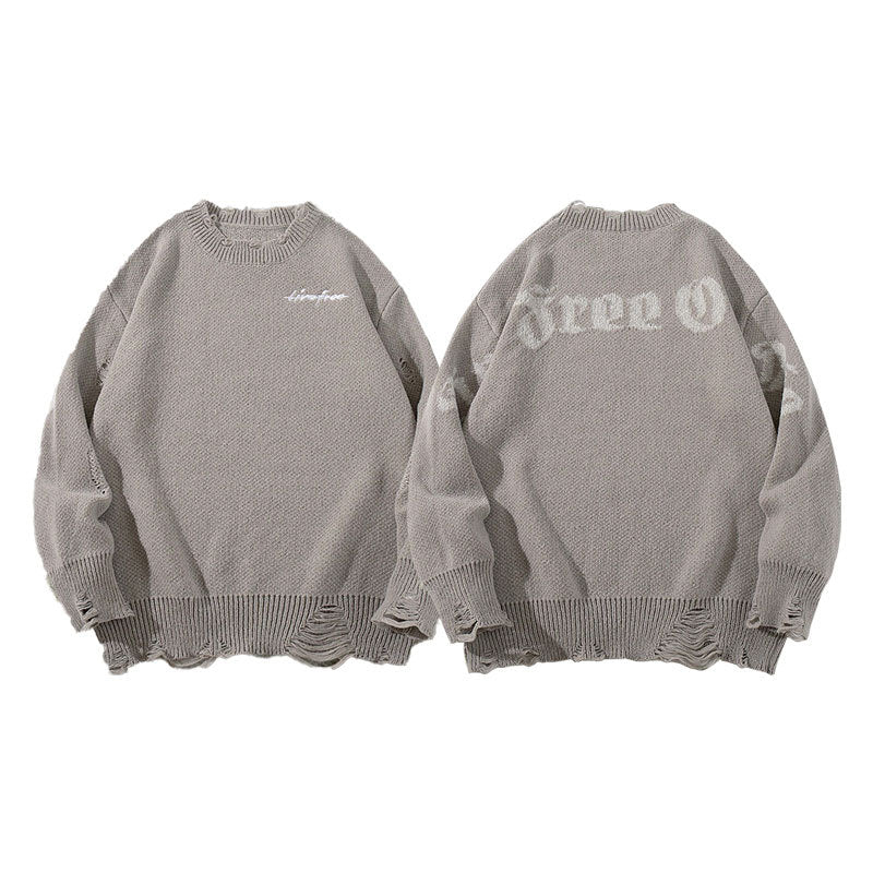 Vintage Distressed Sweater Loose Round Neck Top Couple Long Sleeve Knitwear Jacket