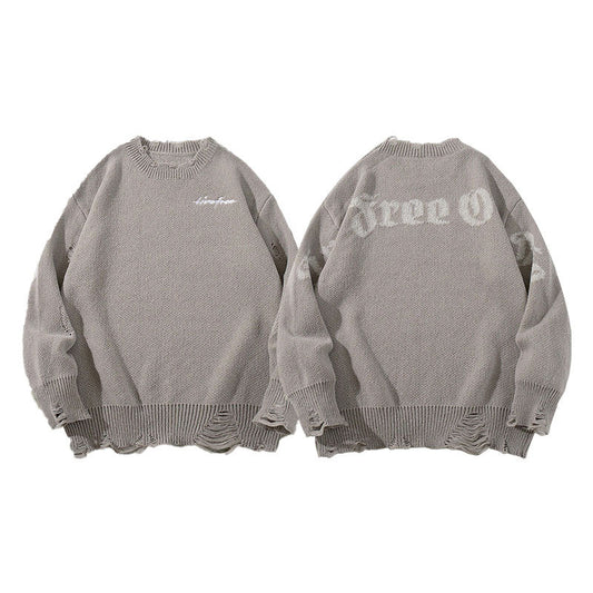 Vintage Distressed Sweater Loose Round Neck Top Couple Long Sleeve Knitwear Jacket