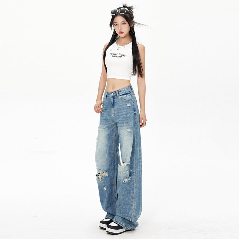 Vintage Destroyed Loose Denim Pants for Women - Wide Leg Floor Length Trousers