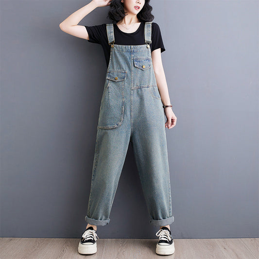 Women's Vintage Denim Jumpsuit - Loose Wide-Leg Romper with Pockets