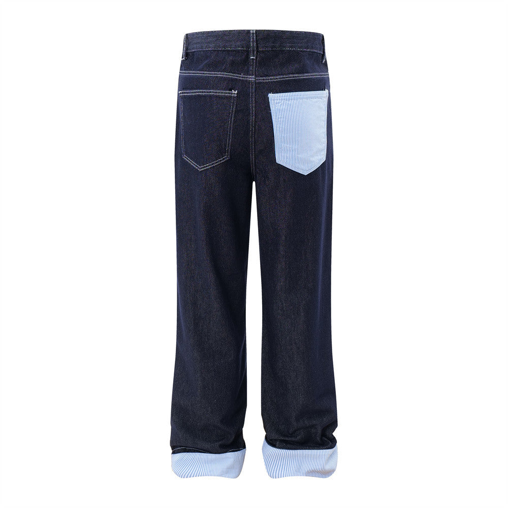 Color Blocked Flanged Denim Straight Leg Pants for Men