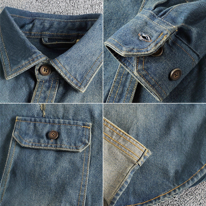 Sleeve Patchwork Vintage Washed Denim Shirt Loose Fit