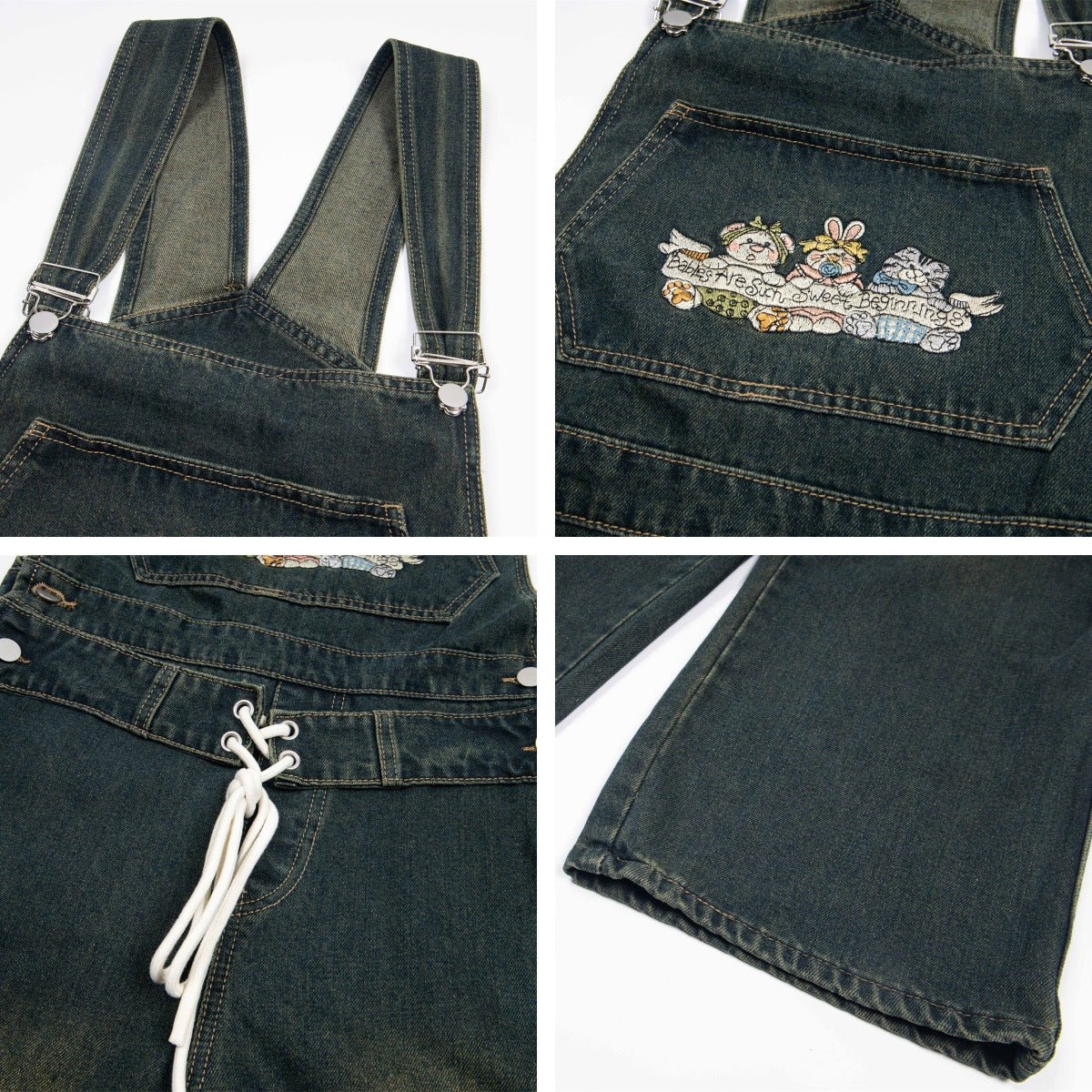 Unisex Cartoon Embroidered Denim Overalls with Water-Washed Finish