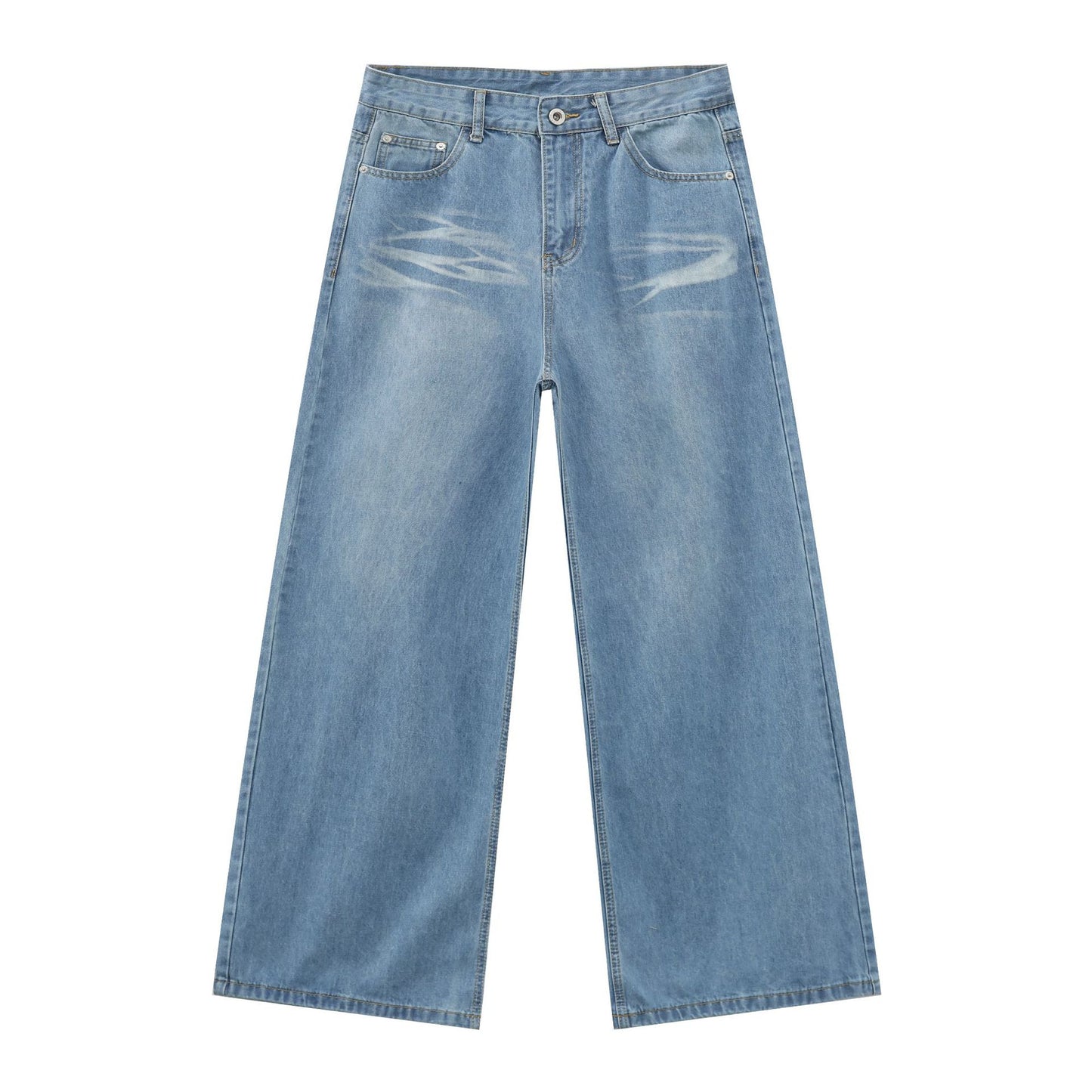 American Style Washed Cat Whisker Blue Denim Trousers for Men - Loose Straight Wide Leg Pants
