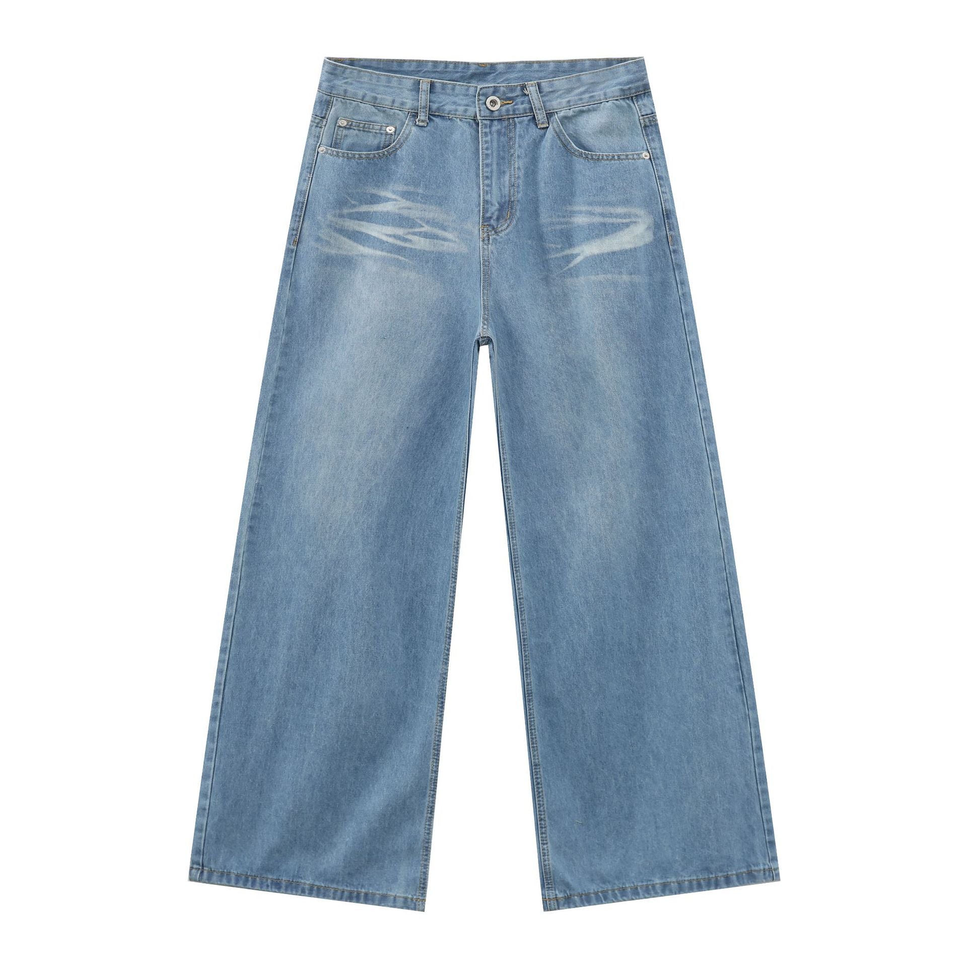 American Style Washed Cat Whisker Blue Denim Trousers for Men - Loose Straight Wide Leg Pants