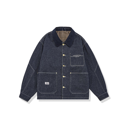 Color-Block Turn-Down Collar Multi-Pocket Loose-Fit Denim Jacket
