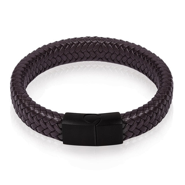 Men's Braided Leather Bracelet with Stainless Steel Magnetic Clasp