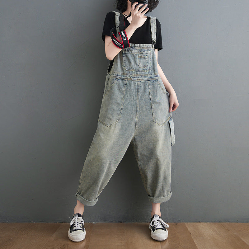 Vintage Women's Denim Jumpsuit with Pockets, Loose Fit, Retro Style, Spaghetti Straps, Ankle-Length