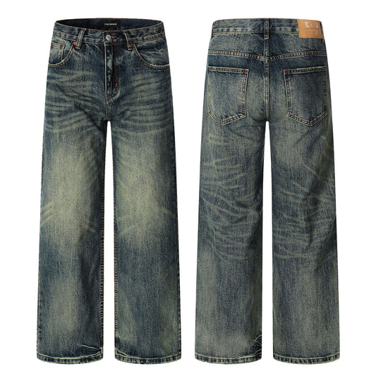 Water-Washed Faded Loose Fit Wide-Leg Floor-Length Casual Trousers