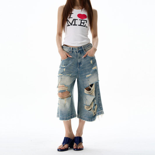 Washed Distressed Loose Straight Leg Wide Leg Shorts