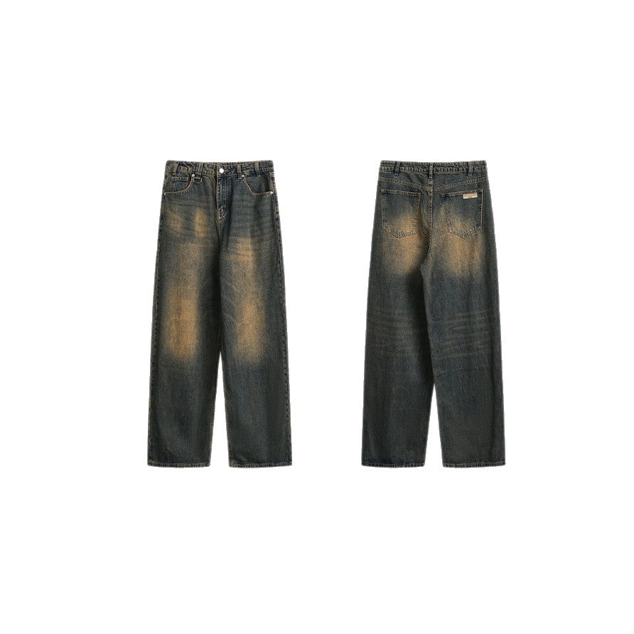 Washed Yellow Mud Color Distressed Loose Straight Leg Jeans