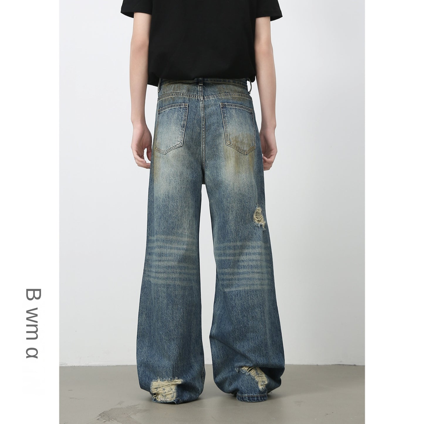 American Retro Distressed Design Floor-Length Denim Trousers for Men - Washed Loose Straight Leg Wide-Leg Pants